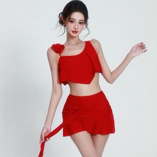 性感辣妹沙灘裙拍照顯白比基尼夏 三件套游泳衣女套裝 新款 分體裙式