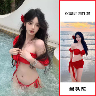mosricci網紅同款 性感歐美風復古紅色比基尼分體泳衣女有胸墊