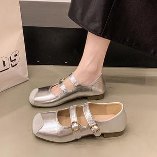復古銀色瑪麗珍單鞋 配裙子軟底豆豆鞋 女2025秋夏季 晚晚鞋 新款 法式