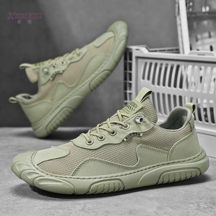 一腳蹬免系帶工作潮鞋 軍綠色帆布鞋 網面運動休閑鞋 透氣薄款 男夏季