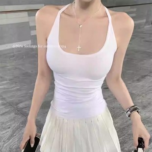 美式 掛脖上衣 甜辣小吊帶帶胸墊背心女夏外穿美背螺紋內搭打底無袖