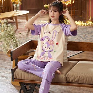 學(xué)生全棉家居服套裝 可愛睡衣女短袖 純棉套頭青少年夏季 春秋款 長褲