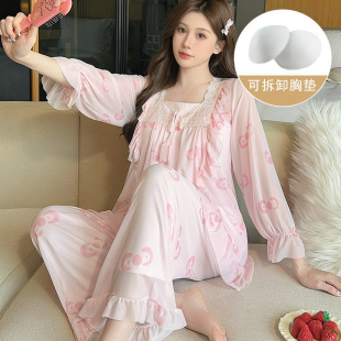 蕾絲花邊帶胸墊家居服套裝 宮廷風法式 睡衣女甜美網紗長袖 春秋季