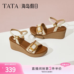 度假一字帶涼鞋 女鞋 2025夏7MYA1BL5 坡跟涼鞋 TATA他她海島假日法式