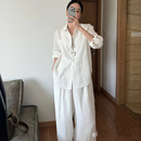 女襯衣夏季 高級感闊腿褲 新款 防曬白色棉麻襯衫 時尚 老錢風亞麻套裝