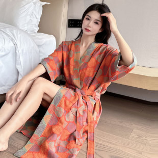 薄款 女胖mm棉紗夏季 寬松浴袍家居服睡衣200斤 純棉睡袍大碼 中長款