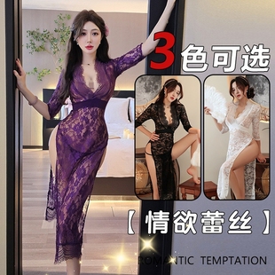 性感睡衣純欲風蕾絲透視誘惑高開叉長裙復古旗袍情調趣味家居睡裙