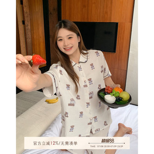可外穿家居服套裝 睡衣女夏薄款 胖mm200斤小熊純棉短袖 ALINDM大碼