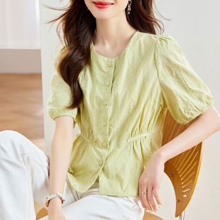 韓系圓領收腰小眾設計感寬松氣質小衫 女2025夏季 襯衫 清新時髦短袖