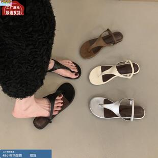 銀色百搭沙灘羅馬鞋 平底復古度假風夾腳涼鞋 夏季 子2025新款 仙女鞋