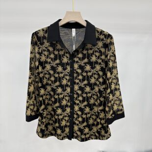 女裝 春季 時尚 翻領七分袖 透氣上衣女 37專柜正品 彈力網紗媽媽裝 新款