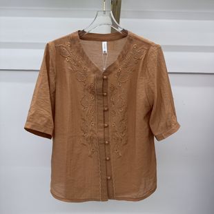 夏季 女裝 媽媽裝 22專柜正品 打底顯瘦上衣AA 大碼 新款 V領(lǐng)短袖 時尚