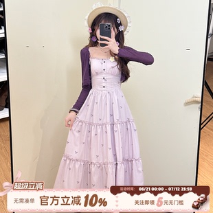 收腰大擺長裙 度假風(fēng)蝴蝶結(jié)印花吊帶連衣裙女夏季 織物豬 紫色心結(jié)