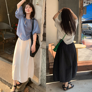 一三良品小個子 日系花苞裙～白色黑色棉質寬松半身裙長裙子女夏