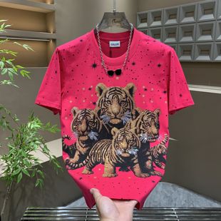 新款 時尚 個性 男士 帥氣寬松圓領百搭T恤 潮牌燙鉆老虎短袖 2025夏季