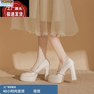 雙層厚底單鞋 不累腳增高一字帶粗跟瑪麗珍方頭防水臺(tái)漆皮2025網(wǎng)紅