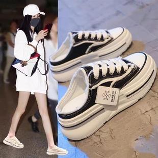 百搭半拖無后跟帆布鞋 新款 女外穿 2025夏季 厚底懶人一腳蹬休閑拖鞋