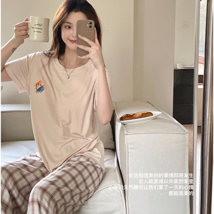可外穿莫代爾冰涼感家居服 短袖 蘇喜喜彩虹系睡衣女夏季 帶胸墊薄款