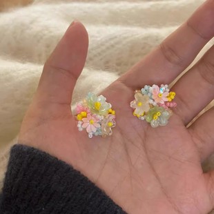 虞書欣同款 立體花朵耳釘女彩色串珠耳環夏日氛圍感度假風甜美耳飾