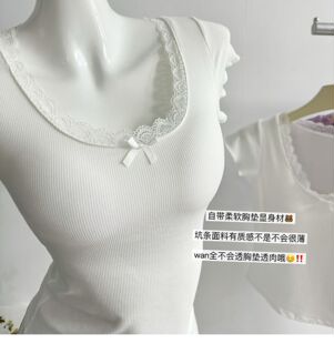 短款 甜辣修身 帶胸墊紫色上衣 T恤女夏季 純欲風U領蕾絲花邊正肩短袖