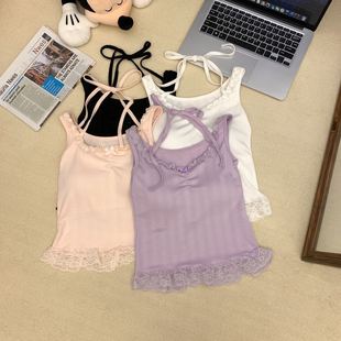 顯瘦外穿一體式 純欲甜辣提花蕾絲美背女修身 帶胸墊百搭 新款 夏季