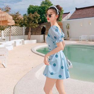 韓國少女高腰泳衣女裙式 平角 顯瘦連體保守遮肚性感清新圓點泳裝