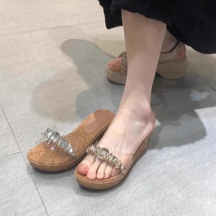 透明一字拖涼鞋 女水鉆外穿2025新款 配裙子涼拖鞋 厚底坡跟高跟夏季