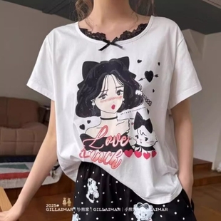 蕾絲花邊卡通家居服睡衣女寬松2 夏季 300斤 高貴胖mm特大碼 懶懶