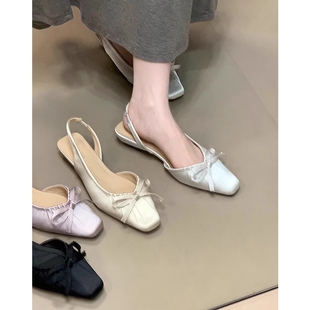 方頭緞面皺褶淺口單鞋 蝴蝶結坡跟后絆帶包頭涼鞋 女夏外穿2025新款