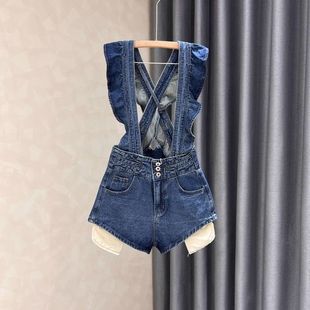 設計感荷葉邊背帶顯瘦闊腿褲 女夏季 潮 藍色牛仔背帶短褲 爆炸好穿