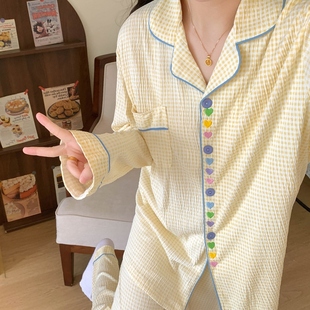 甜美黃格子棉麻縐布家居服學生少女套裝 大碼 長褲 長袖 睡衣女春秋季