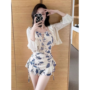 仙氣游泳衣女連體平角保守顯瘦遮肚韓國性感 網紅ins度假蕾絲泳裝