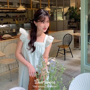小飛袖 方領法式 連衣裙甜美純色A字中長裙 新品 DearWednesday夏季