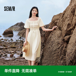 新款 氣質2024夏季 民族風長裙優雅裙子 修身 森馬連衣裙女方領泡泡袖