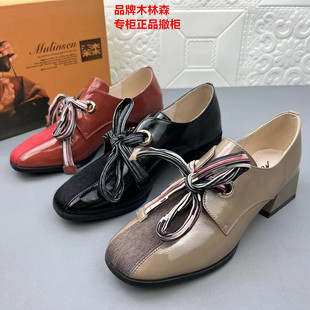 斷碼 淺口通勤單鞋 處理牛皮女鞋 系帶粗跟時裝 品牌真皮新款 商場正品