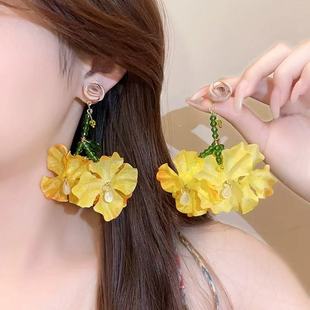 復古法式 浪漫玫瑰花流蘇耳釘高級感無耳洞度假風粉色浪漫耳夾