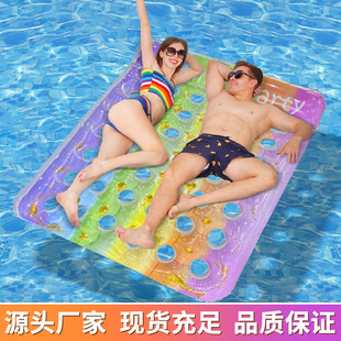 新品 水上運動環保加厚PVC充氣浮床圓孔亮片漸變彩虹雙人浮排