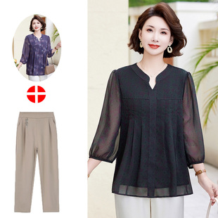 襯衫 中袖 套裝 中老年女裝 國風雪紡氣質上衣服 2025新款 夏季 媽媽夏裝