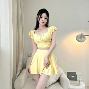 度假泳衣小胸泳衣 顯瘦泳裝 黃色分體泳衣女2025新款 高級感分體裙式