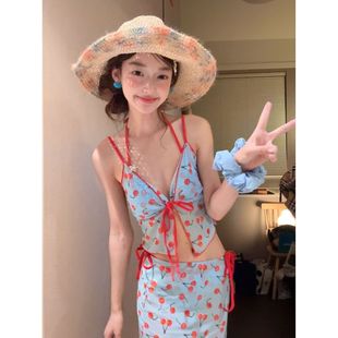 泰國少女櫻桃吊帶四件套保守分體泳衣女比基尼小清新水上樂園裙式