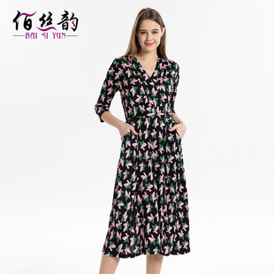 大擺裙 真絲連衣裙女V領桑蠶絲印花中長裙套頭收腰七分袖 夏季 新款