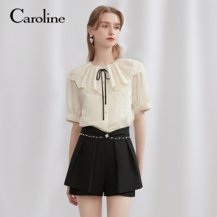 襯衣ECREBA54 圓領大荷葉領刺繡雪紡衫 Caroline卡洛琳夏季 新款
