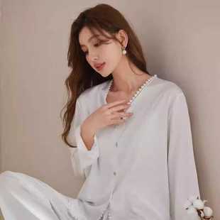 透氣家居服套裝 2024純欲桑蠶絲睡衣女春秋季 愛心花邊純色簡約長袖