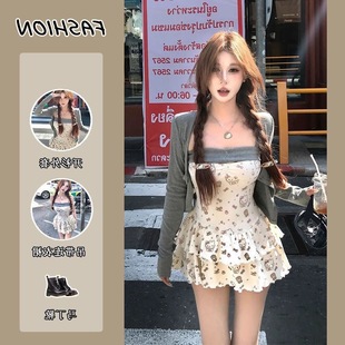 吊帶連衣裙顯瘦溫柔氣質純欲裙子套裝 外套甜辣碎花修身 女 開衫 新款
