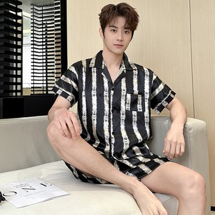 短褲 大碼 套裝 夏季 仿真絲薄款 夏天休閑短袖 男款 睡衣男士 家居服夏款
