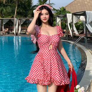 泳衣女格子連體裙式 微胖女孩顯瘦遮肉絕美泡溫泉海邊度假 保守大碼