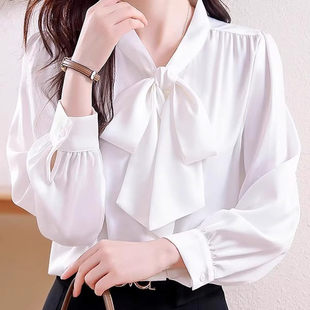 新款 女春裝 法式 氣質(zhì)飄帶小衫 通勤上衣 高級感醋酸緞面長袖 時尚 襯衫