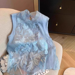 背心 2025女春夏國風別致無袖 新中式 重工刺繡斜襟立領(lǐng)雪紡襯衫