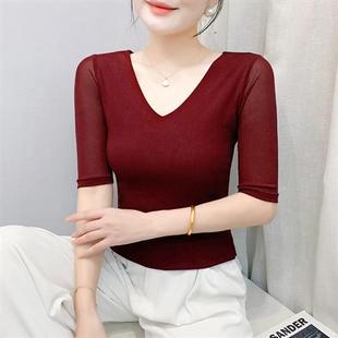 V領T恤女修身 顯瘦氣質上衣時髦顯白洋氣小衫 時尚 法式 夏季 純色中袖
