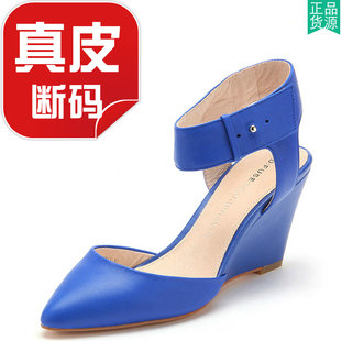 真皮包頭涼鞋 子高跟淺口皮搭扣春410077106 女藍色牛皮尖頭坡跟鞋